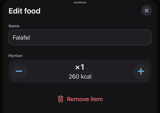 The Edit food sheet for the falafel: its name, a portion of ×1 at 260 kcal with minus and plus buttons, and Remove item.