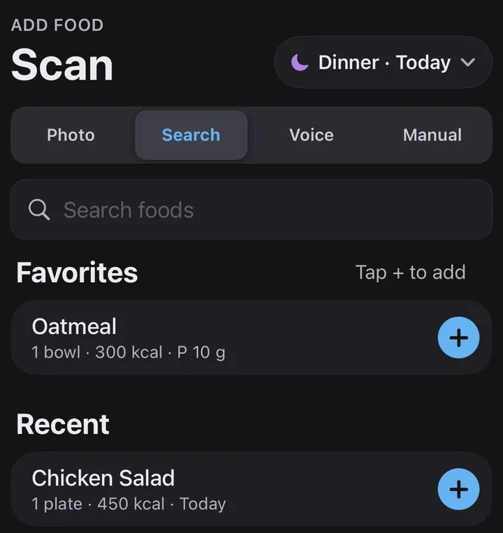 Search mode with favorites and recent foods: oatmeal, 300 kcal, and chicken salad, 450 kcal, each with an add button.