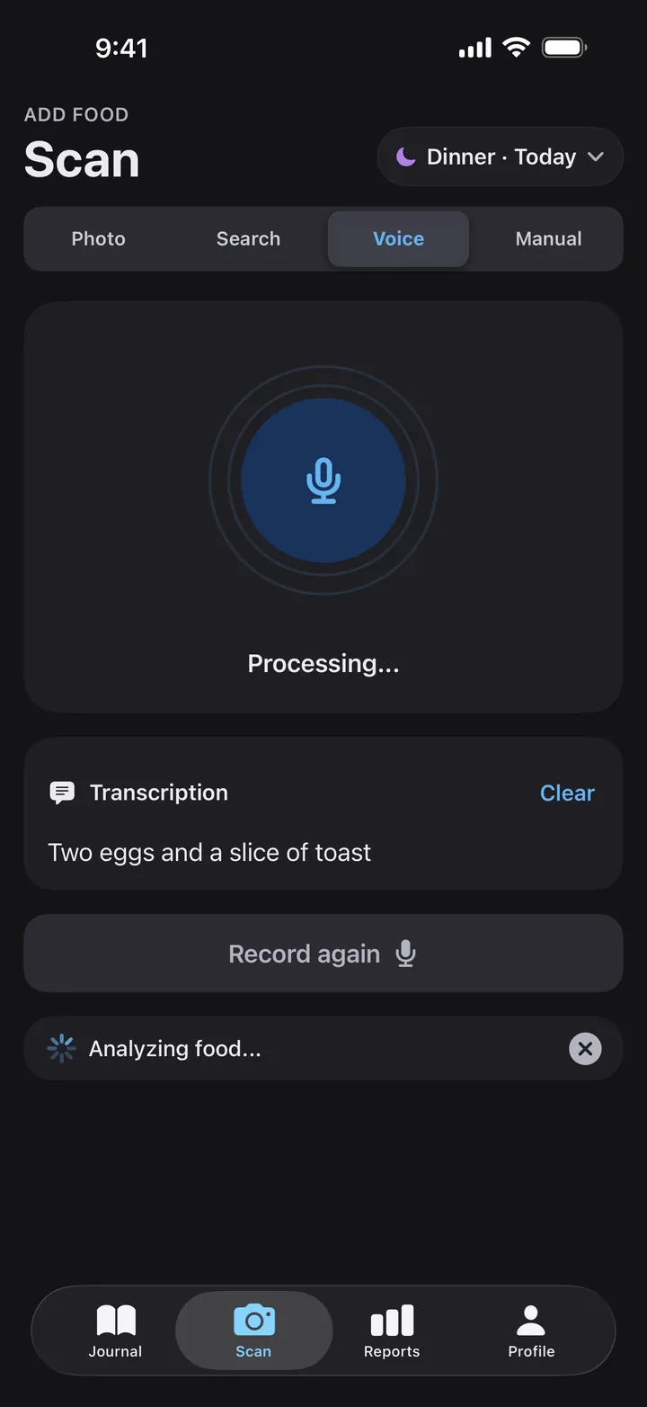 Voice mode after a recording: the transcription reads 'Two eggs and a slice of toast' while Calorify analyzes the food.